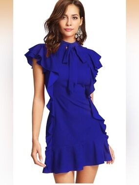 Floerns Royal Blue Ruffle Tie Neck Dress XL Feminine Statement Chic NWT
